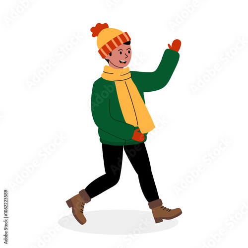 Cheerful child walking in winter attire with a warm hat and scarf against a white background