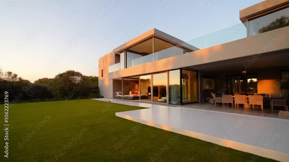 modern house with a spacious lawn and terrace, illuminated beautifully in the evening light. modern house with a spacious lawn and terrace, illuminated beautifully in the evening light.