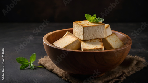 Tofu served in a wooden bowl against dark background 