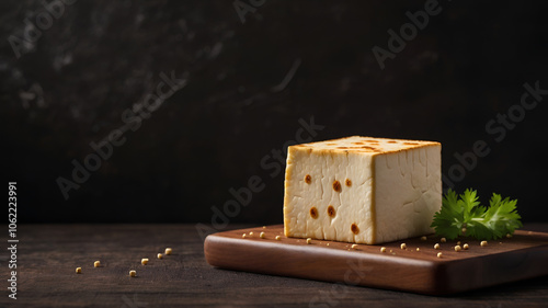 Delicious Asian food tofu on a wooden board against dark background 