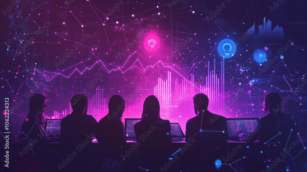 A digital teamwork icon glowing above a group of professionals collaborating on customer engagement strategies, with charts showing client satisfaction growth. A digital teamwork icon glowing above a group of professionals collaborating on customer engagement strategies, with charts showing client satisfaction growth.