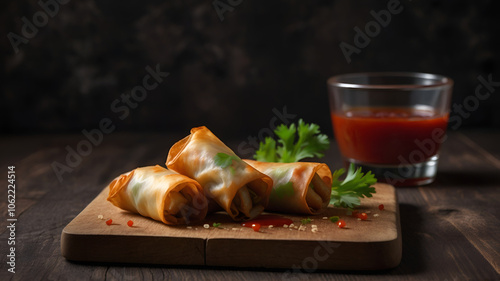 Delicious Asian spring rolls served on a wooden board against dark background 