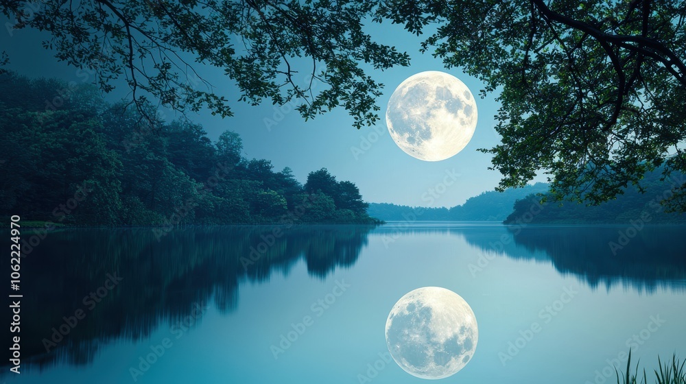 A full moon bathes a tranquil lake in a silvery light, creating shimmering reflections of the surrounding trees and casting an air of serenity. A full moon bathes a tranquil lake in a silvery light, creating shimmering reflections of the surrounding trees and casting an air of serenity.