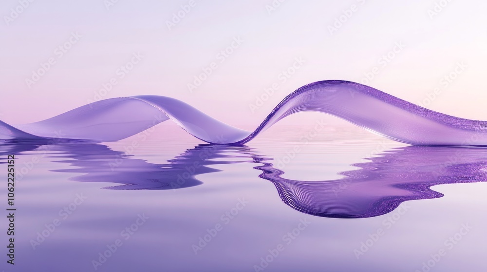 Abstract violet 3D background featuring a curvy glass ribbon over a reflective water surface minimalist design Abstract violet 3D background featuring a curvy glass ribbon over a reflective water surface minimalist design