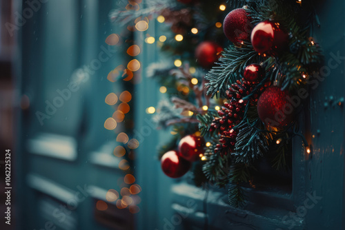 close up horizontal image of a christmas decorative garland hanging on a house front door