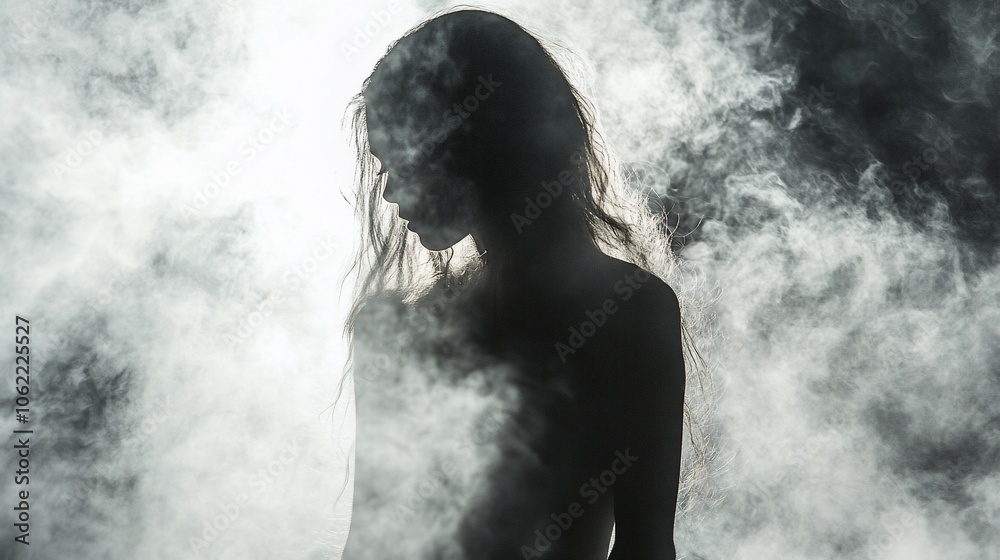 Silhouette of a woman in a cloud of smoke, mysterious and ethereal. Silhouette of a woman in a cloud of smoke, mysterious and ethereal.