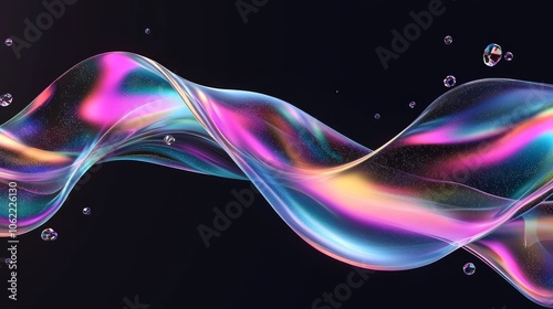 3D crystal glass liquid wave with a holographic effect and refraction displayed on a dark background as a transparent rainbowhued splash photo