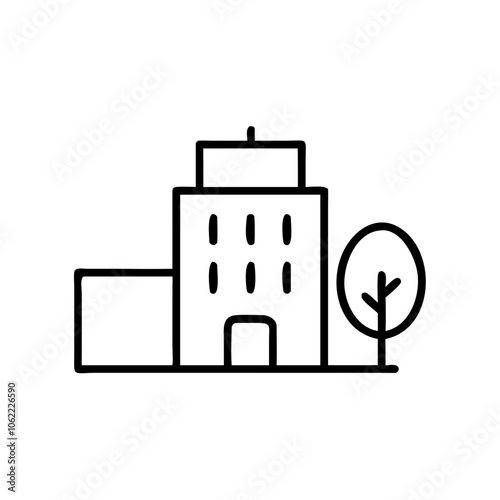 Minimalist icon of a green building, black outline, modern design featuring a tree