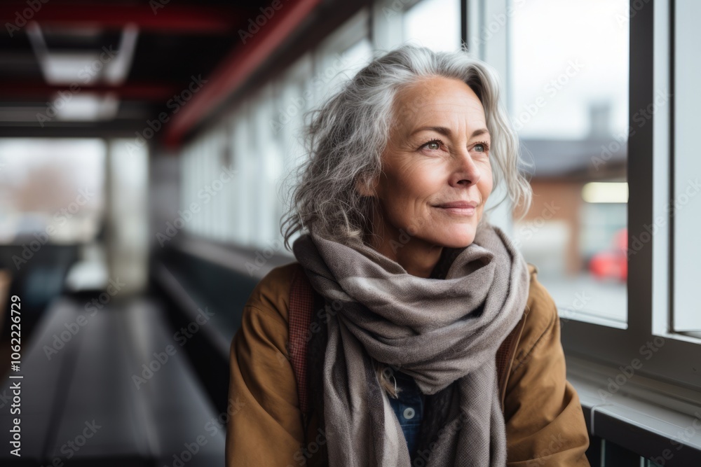 Portrait of a senior woman standing by the window in the train station Portrait of a senior woman standing by the window in the train station