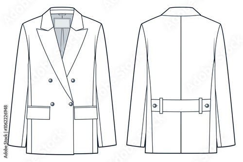 Jacket Coat technical fashion illustration. Double breasted Coat fashion flat technical drawing template, front and back view, white, women, men, unisex Outerwear CAD mockup.