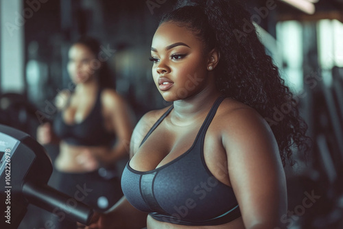 Girl plus size women in sports bras walking and running on the treadmill weight loss and exercise in the gym.