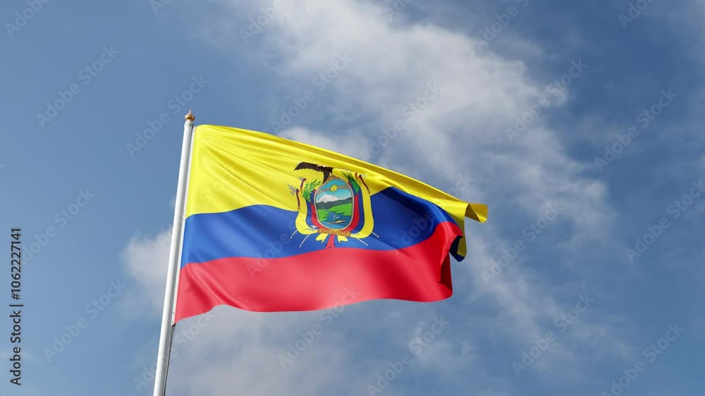 Flag of ecuador on a blue sky, flag on a flag pole waving in the wind, country in south america, national symbol of ecuador, video of a flag