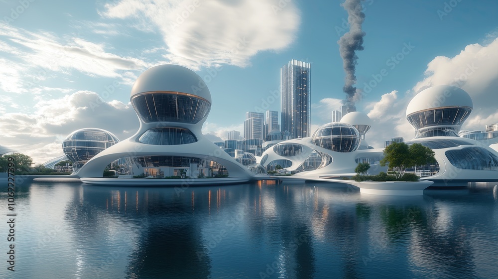 Obraz premium Future Nuclear City futuristic cityscape powered by compact nuclear reactors, clean energy utopia, floating buildings, nuclear power