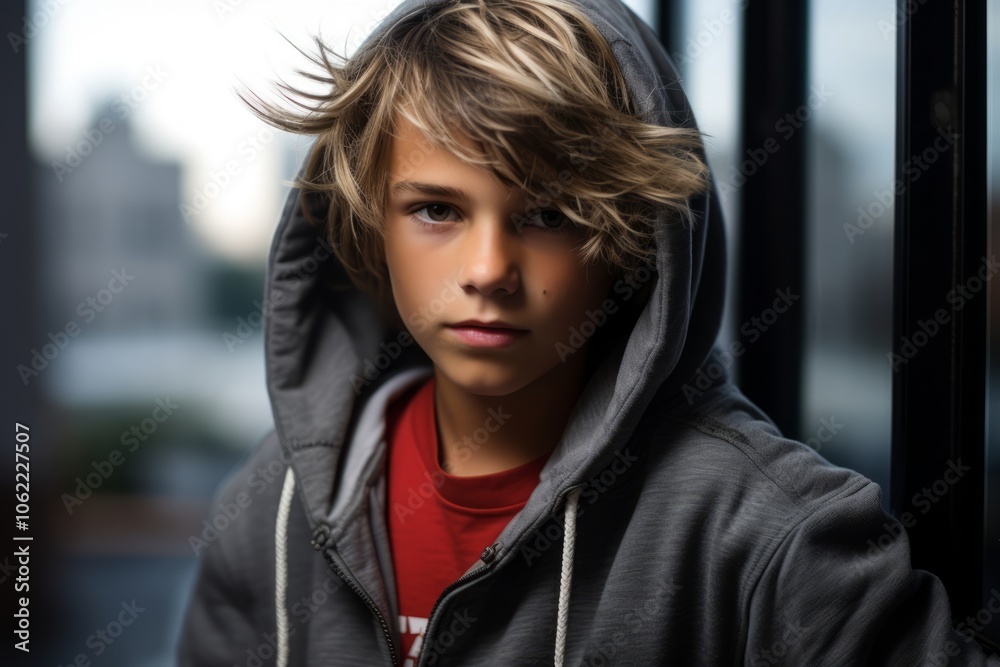 Portrait of a boy in a hooded sweatshirt looking at the camera Portrait of a boy in a hooded sweatshirt looking at the camera