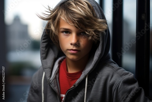 Portrait of a boy in a hooded sweatshirt looking at the camera