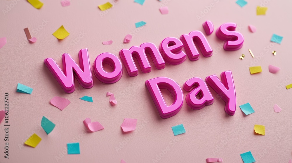 Bright Women's Day in bold pink letters with confetti and streamers on a soft gradient background festive celebration Bright Women's Day in bold pink letters with confetti and streamers on a soft gradient background festive celebration