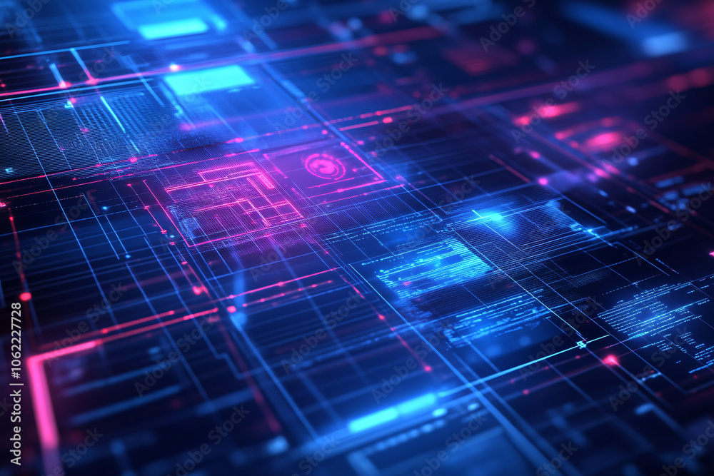 vibrant digital circuit board with glowing blue and pink neon lights forming an intricate futuristic technological pattern
vibrant digital circuit board with glowing blue and pink neon lights forming an intricate futuristic technological pattern