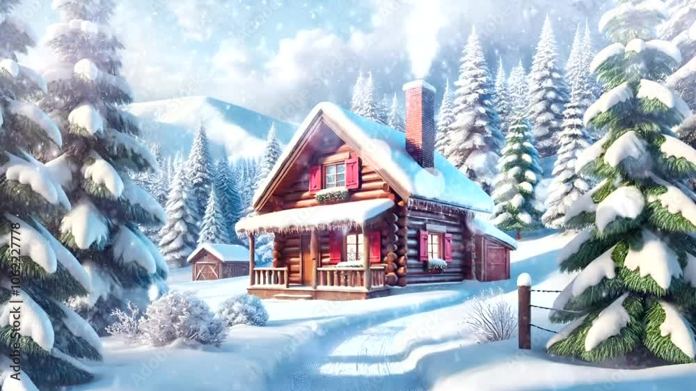 Log cabin with snow-covered roof in peaceful winter forest landscape. Nature concept Seamless looping 4k time-lapse animation video background
Log cabin with snow-covered roof in peaceful winter forest landscape. Nature concept Seamless looping 4k time-lapse animation video background