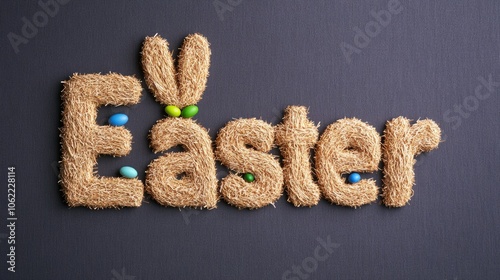 Fun Easter lettering crafted from woven straw with small colorful eggs and a bunny ear motif rustic spring theme  photo