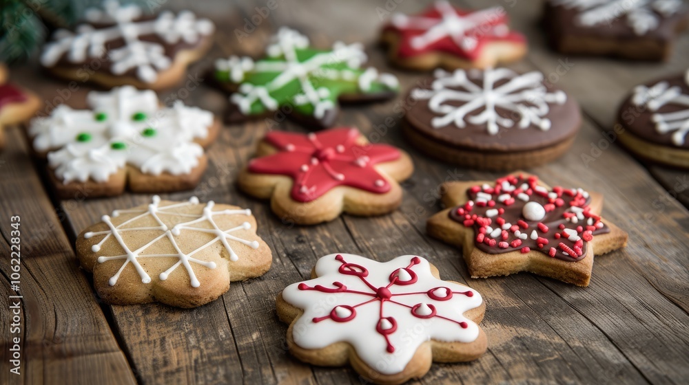 Holiday cookies displayed on a wooden surface Holiday cookies displayed on a wooden surface