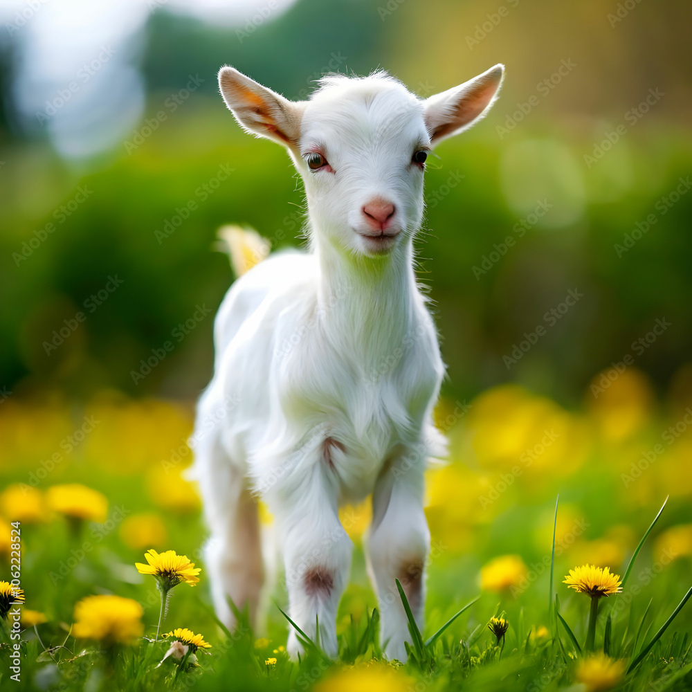white baby goat standing on green grass with yello white baby goat standing on green grass with yello