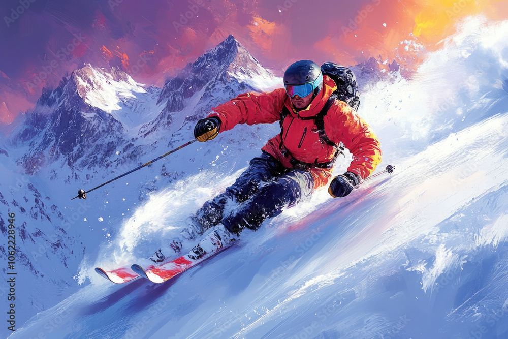 Skier skiing downhill in snowy mountains Skier skiing downhill in snowy mountains