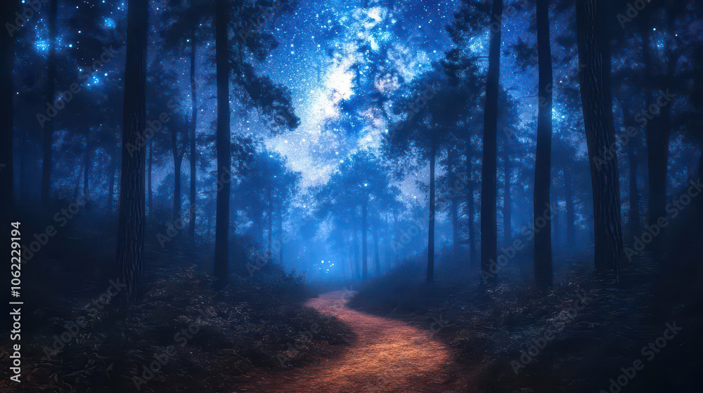 Obraz premium Enchanting nocturnal forest scene with winding path under starry sky, creating serene and magical atmosphere. trees are silhouetted against shimmering stars