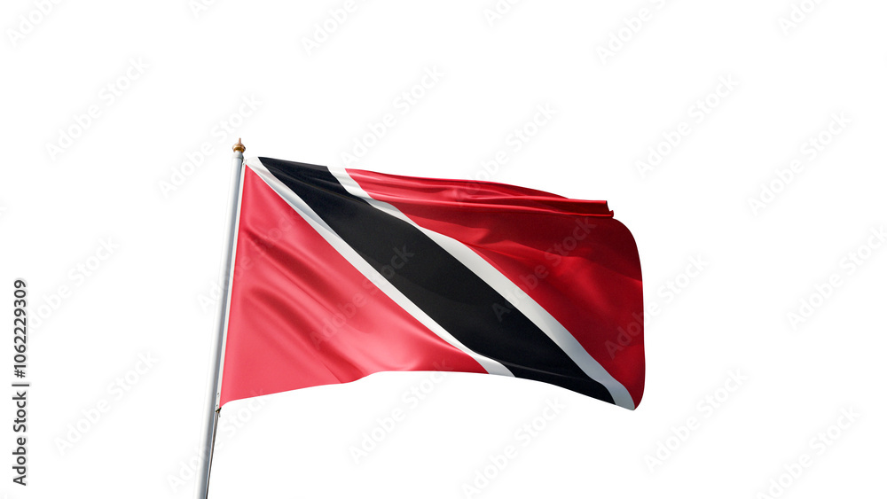 Naklejka premium Flag of trinidad y tobago with no background, transparent png, flag on a flag pole waving in the wind, national symbol of trinidad y tobago, country in south america, picture of a flag