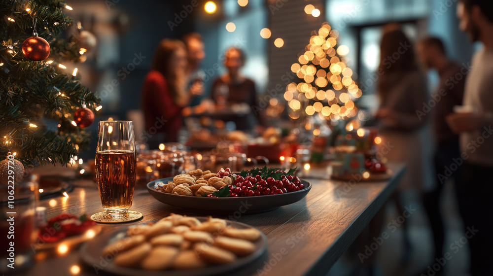 Christmas holiday party with people gathered around a decorated table with festive snacks, drinks, and Christmas tree Christmas holiday party with people gathered around a decorated table with festive snacks, drinks, and Christmas tree