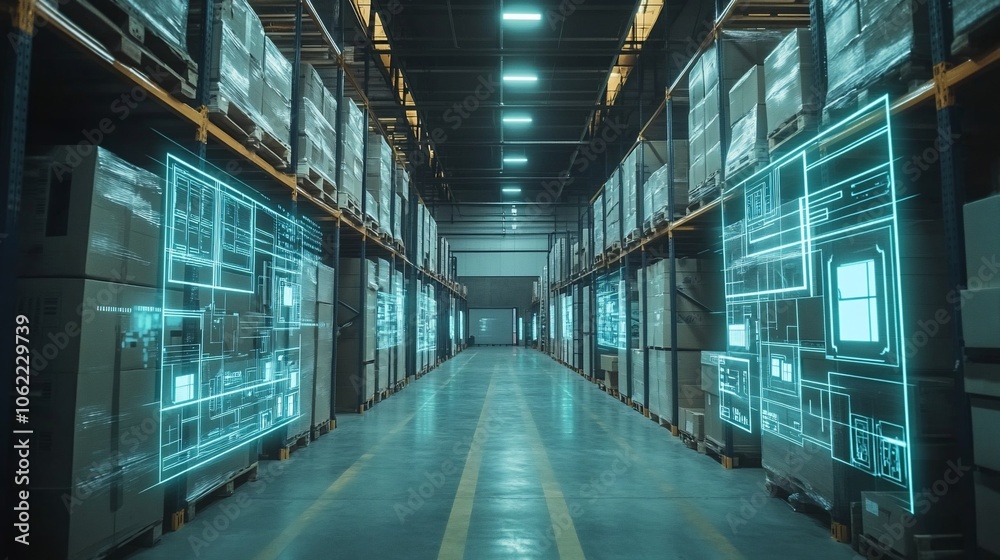 Modern warehouse with digital interfaces. Modern warehouse with digital interfaces.