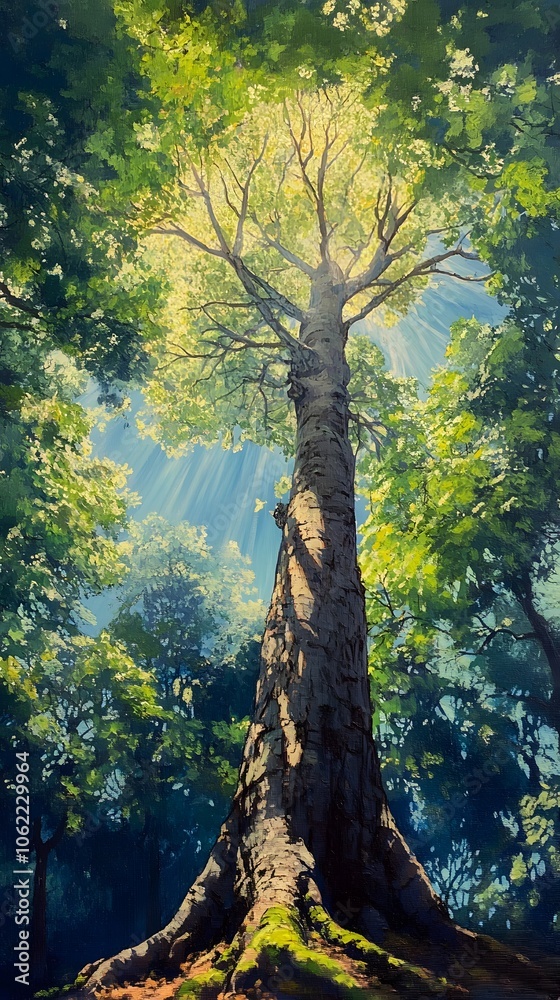 Fototapeta premium In the center of the frame is a sycamore tree with sunlight shining through its branches.