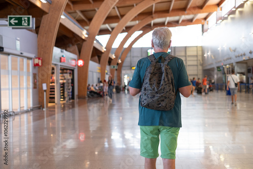 Rear view of caucasian senior man traveling at airport with backpack walking towards board gate. Portrait of elderly traveler enjoying trip and vacation