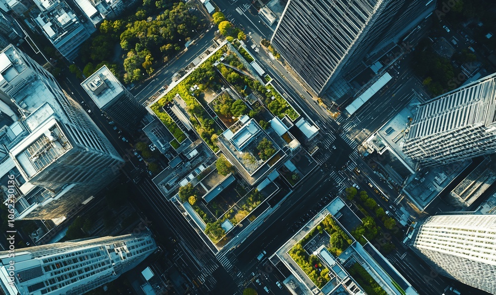 Aerial view of a city with a green rooftop garden surrounded by skyscrapers.
