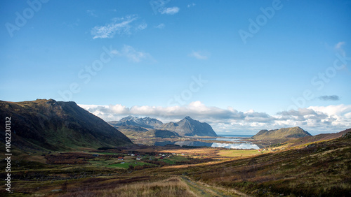 Rural landscape view from The radio mast above Vendalsjord, Lofoten, Lofoten and Vesteral Islands, Nordland, Norway