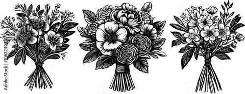Vintage vector set of floral bouquets. Hand drawn black and white illustration featuring roses, wildflowers.
