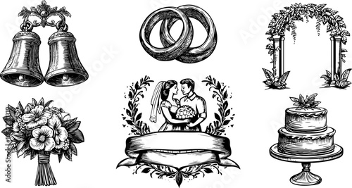 Vector set of wedding icons with bell, ring, floral bouquet,arch, cake. Hand drawn decor elements for ceremony, engagement, and marriage designs in elegant, retro outline.
