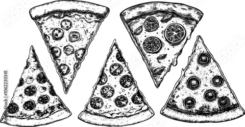 Vintage vector illustration set of pizza slices. Engraved style hand drawn collection.