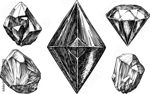 Vector sketch illustration of sapphire, ruby, diamond, and topaz gemstones. Hand drawn icons of precious crystals and gems.