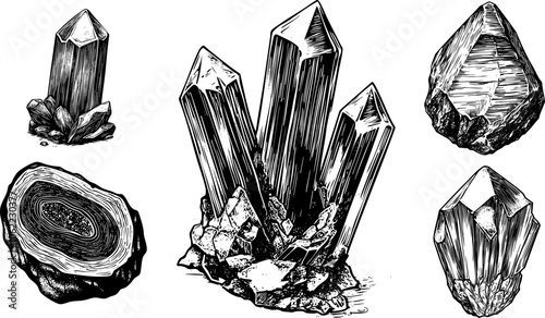 Vector illustration set of opal and citrine gemstones. Engraved style collection.