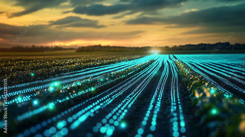 A futuristic farm with glowing digital lines running through fields, representing precision agriculture and real-time adaptation to changing market demands. A futuristic farm with glowing digital lines running through fields, representing precision agriculture and real-time adaptation to changing market demands.