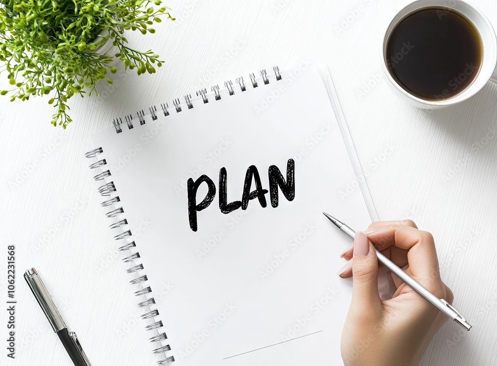A creative writing session featuring a female hand jotting down plans on a notepad beside coffee and greenery in a cozy workspace setting A creative writing session featuring a female hand jotting down plans on a notepad beside coffee and greenery in a cozy workspace setting