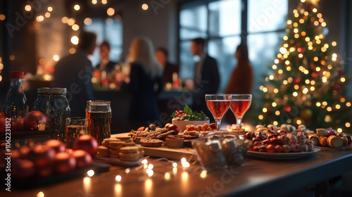Christmas holiday party with people gathered around a decorated table with festive snacks, drinks, and Christmas tree
