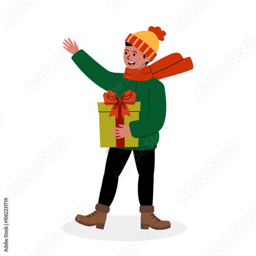 A cheerful person in winter attire waves while holding a gift in a festive setting