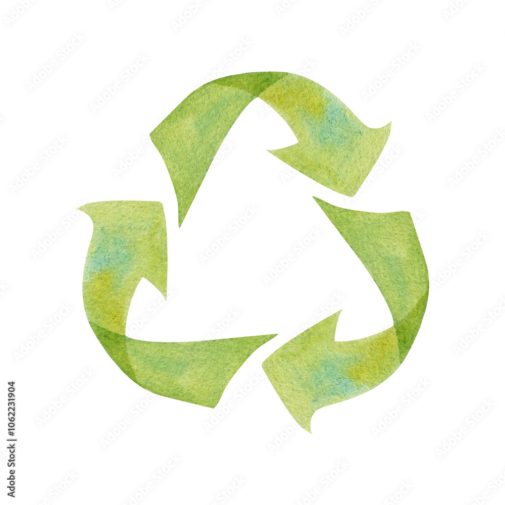 Obraz premium Green transparent arrows in shape of triangle. Grune Punkt recycling symbol watercolor illustration