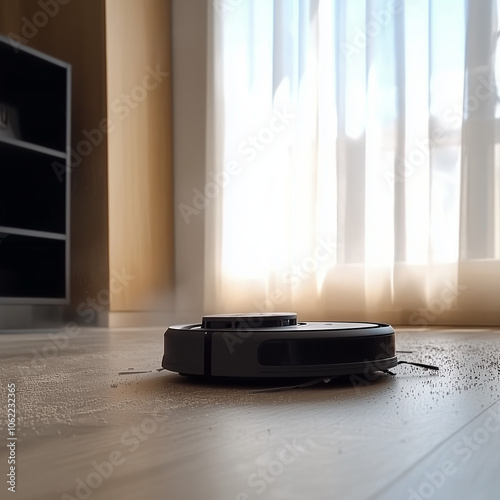 Robot vacuum cleaner cleaning the floor in an apartment, with dust and dirt being swept from under it