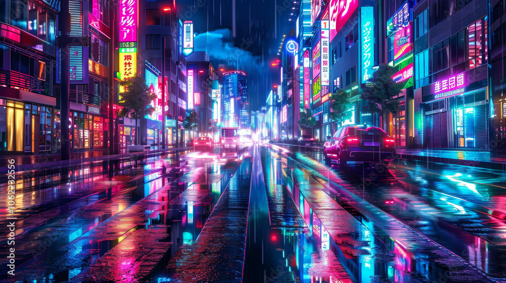 Modern Cityscape at Night with Neon Reflections Modern Cityscape at Night with Neon Reflections