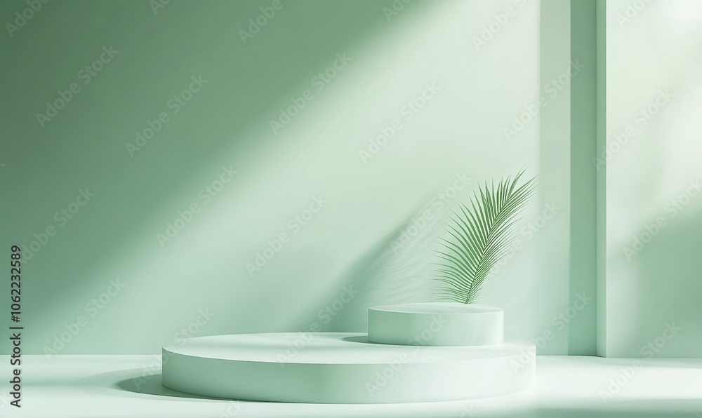Minimalist product display with a single palm leaf on a green platform.