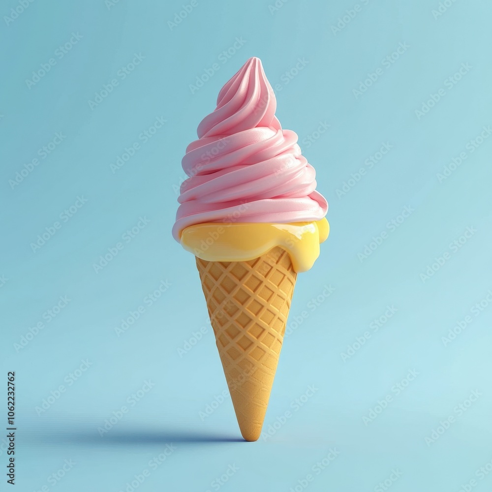 Delightful Pink Ice Cream Cone on Vibrant Blue Background Delightful Pink Ice Cream Cone on Vibrant Blue Background