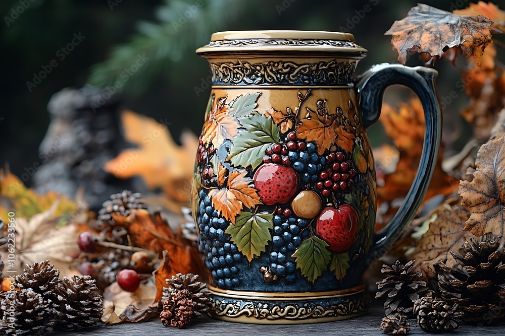 Rustic ceramic jug with autumn fruits and leaves Rustic ceramic jug with autumn fruits and leaves