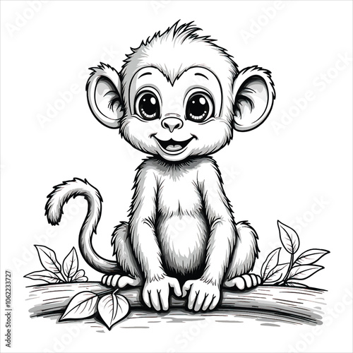 Cute monkey drawing outline coloring page for kids illustration vector